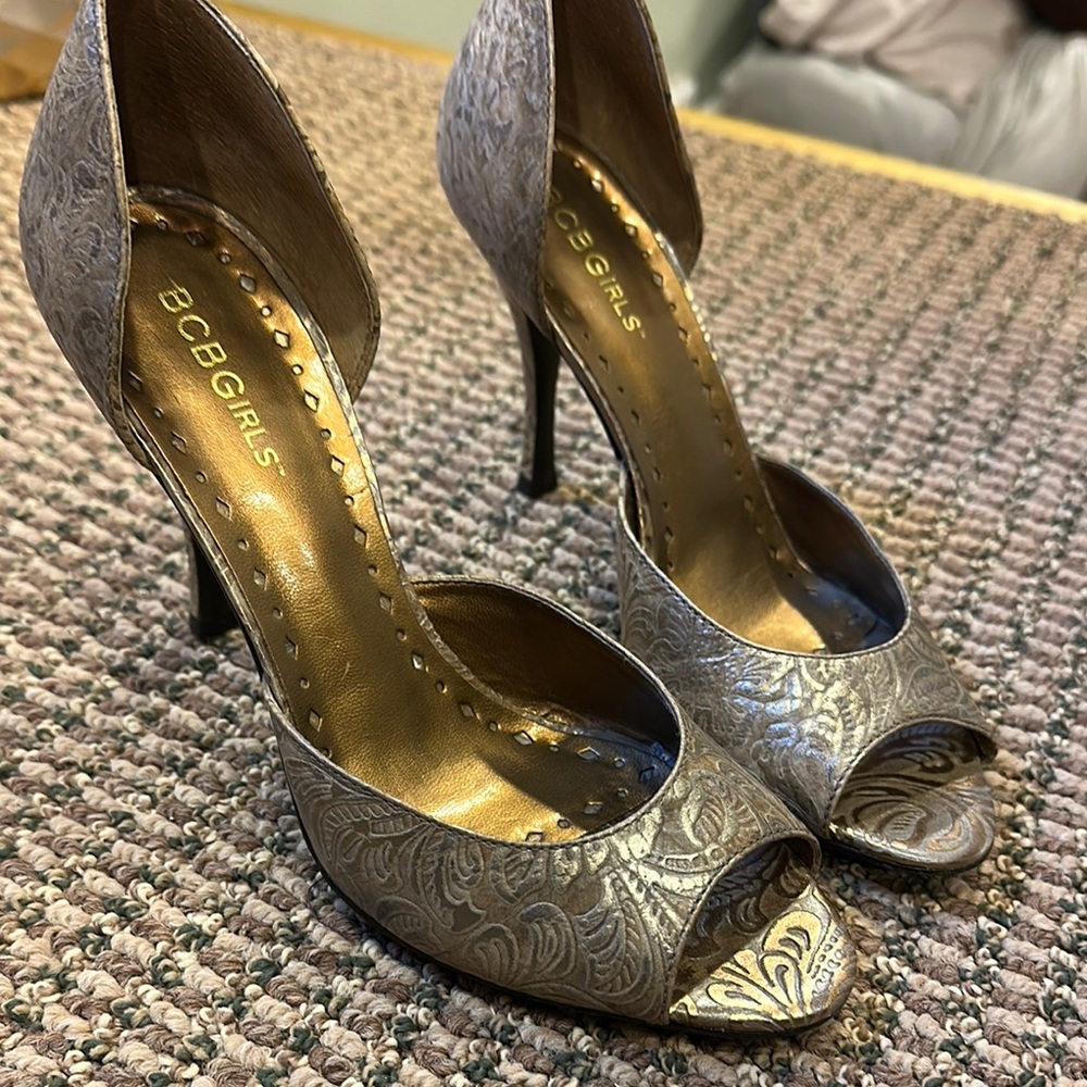 BCBGirls Women's Gold Peep Toe Heels